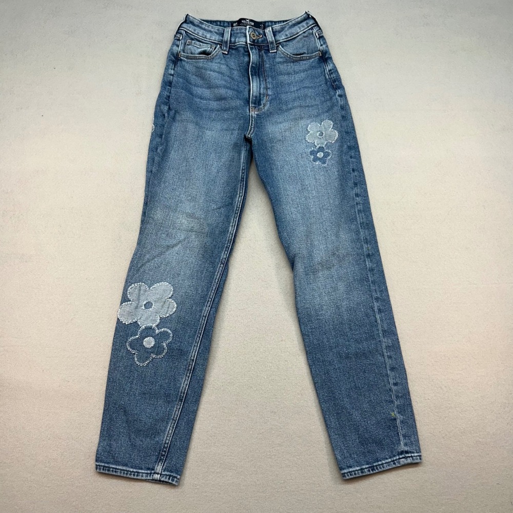 Hollister Ultra High-Rise Mom Jeans 00R W23 L27 Blue Floral Daisy Patch Stretch